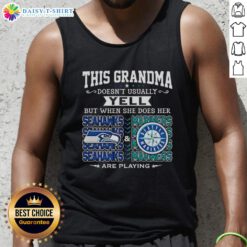 Seattle Seahawks and Mariners grandma in a tank top, expressing excitement during a game. Fun sports fan apparel.