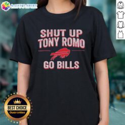 Official Shut Up Tony Romo Go Bills ladies tee featuring a stylish design for Buffalo Bills fans.