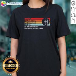 Alt Text: Official Manual Transmission Preservation Society Ladies Tee featuring a stylish design for car enthusiasts.