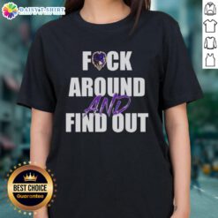 Original Baltimore Ravens 'Fck Around And Find Out' Ladies Tee in purple, perfect for fans showcasing team spirit.