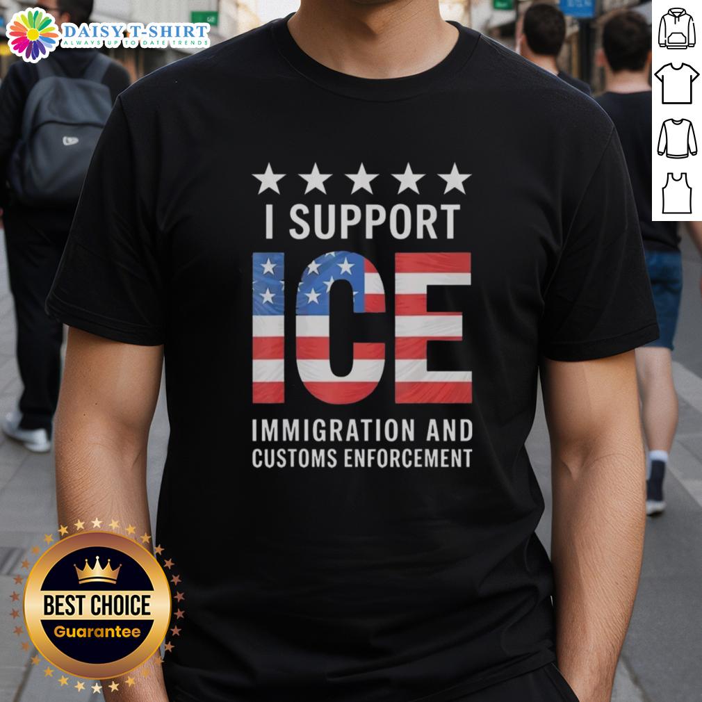 Alt Text: Original I Support Ice Stand With Ice US America Flag Patriotic T-Shirt showcasing a vibrant American flag design.