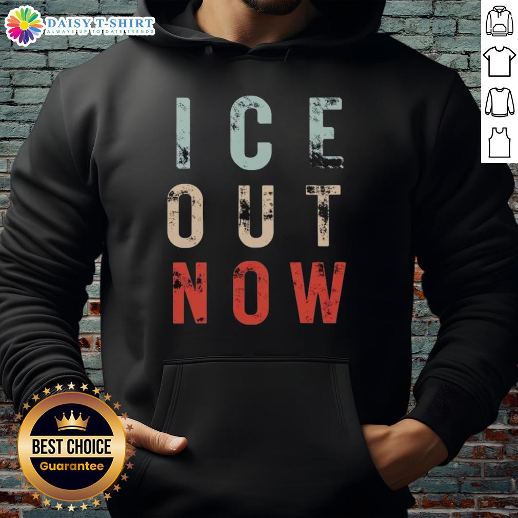 Original Ice Out Now Minneapolis rally hoodie promoting Abolish ICE movement, featuring bold graphics and vibrant colors.