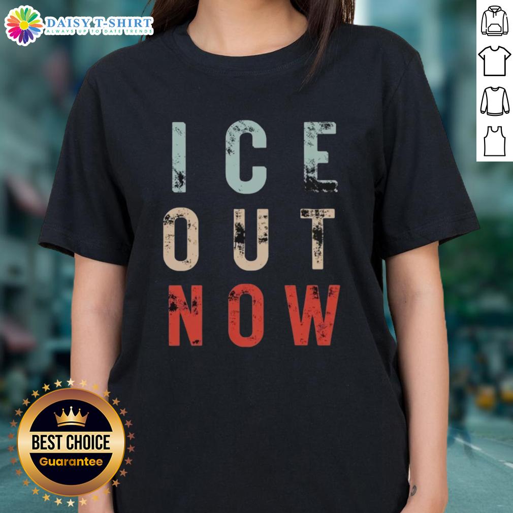 Original Ice Out Now Minneapolis Rally Abolish ICE Ladies Tee featuring bold graphics and a vibrant design.