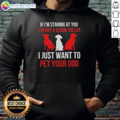 Alt Text: Original hoodie with 'If I'm staring at you, I'm not a serial killer, I just want to pet your dog' graphic design.