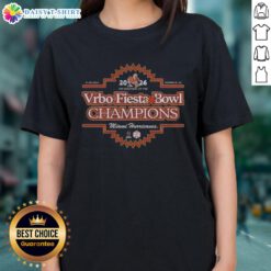 Original Miami Hurricanes Football Team 2026 Vrbo Fiesta Bowl Champions Ladies Tee featuring team logo and vibrant colors.