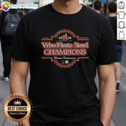 Original Miami Hurricanes Football Team 2026 Vrbo Fiesta Bowl Champions T-Shirt featuring team logo and winning design.
