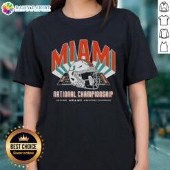 Alt Text: Original Miami Hurricanes Team 2026 CFP National Championship Game ladies tee featuring Indiana Hoosiers helmet design.