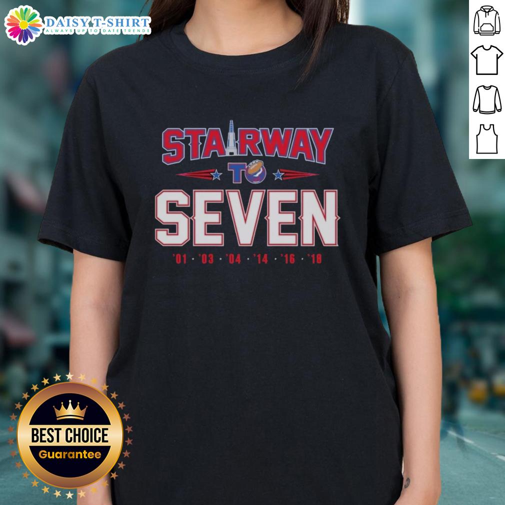 Alt Text: 'Original New England Patriots Mission Stairway to Seven Ladies Tee featuring team logo and vibrant colors.'