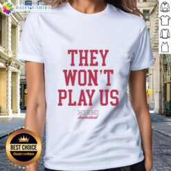 Premium Miami Basketball ladies' tee featuring 'They Won't Play Us' design, perfect for fans and casual wear.
