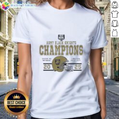 Alt Text: Pretty Army Black Knights Football 2025 Wasabi Fenway Bowl Champions helmet on a ladies tee shirt design.
