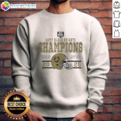 Alt Text: Pretty Army Black Knights Football 2025 Wasabi Fenway Bowl champions helmet sweatshirt in black and gold design.