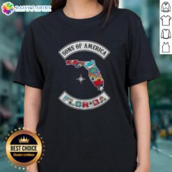 Pretty Son of America Florida map with sports logos on a stylish ladies tee, perfect for sports fans.