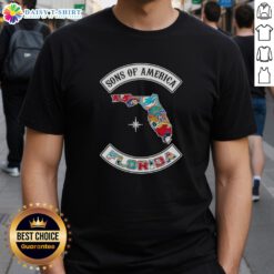 Alt Text: Pretty Son Of America Florida Map T-Shirt featuring sports logos, perfect for fans showcasing their state pride.
