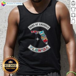 Alt Text: Pretty Son of America Florida Map Sports Logos Combine Tank Top featuring vibrant designs and state pride.