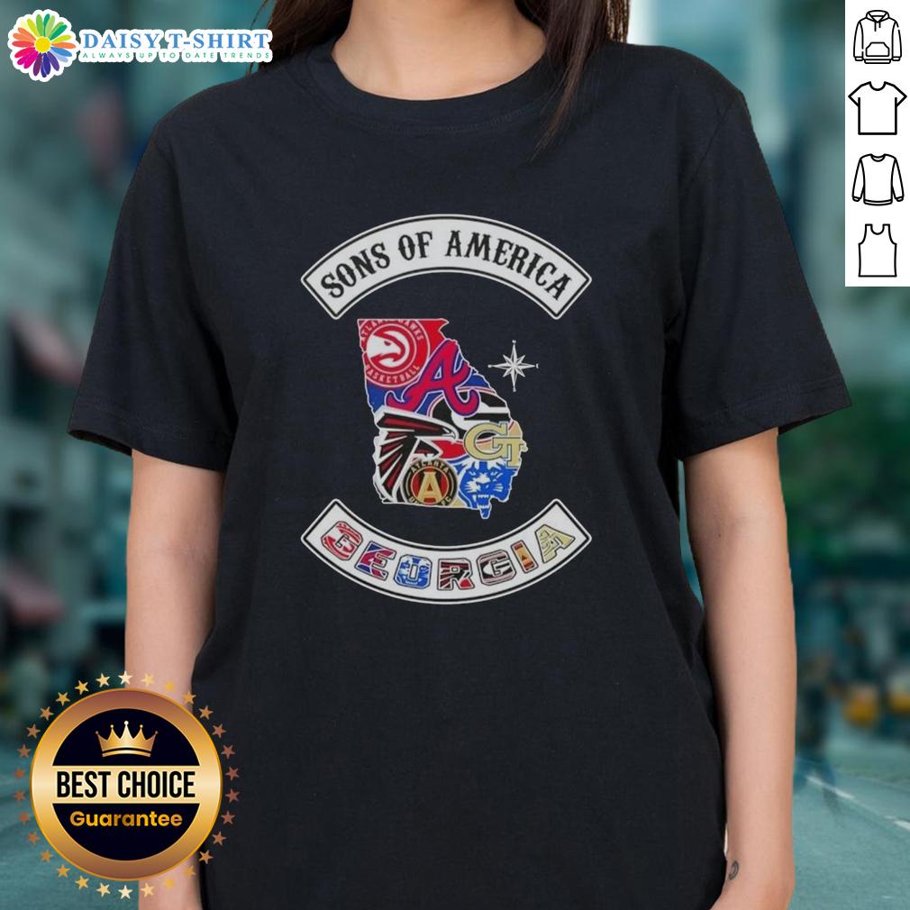 Alt Text: Pretty Son of America Georgia Map with sports logos on a ladies tee shirt design, perfect for Georgia sports fans.