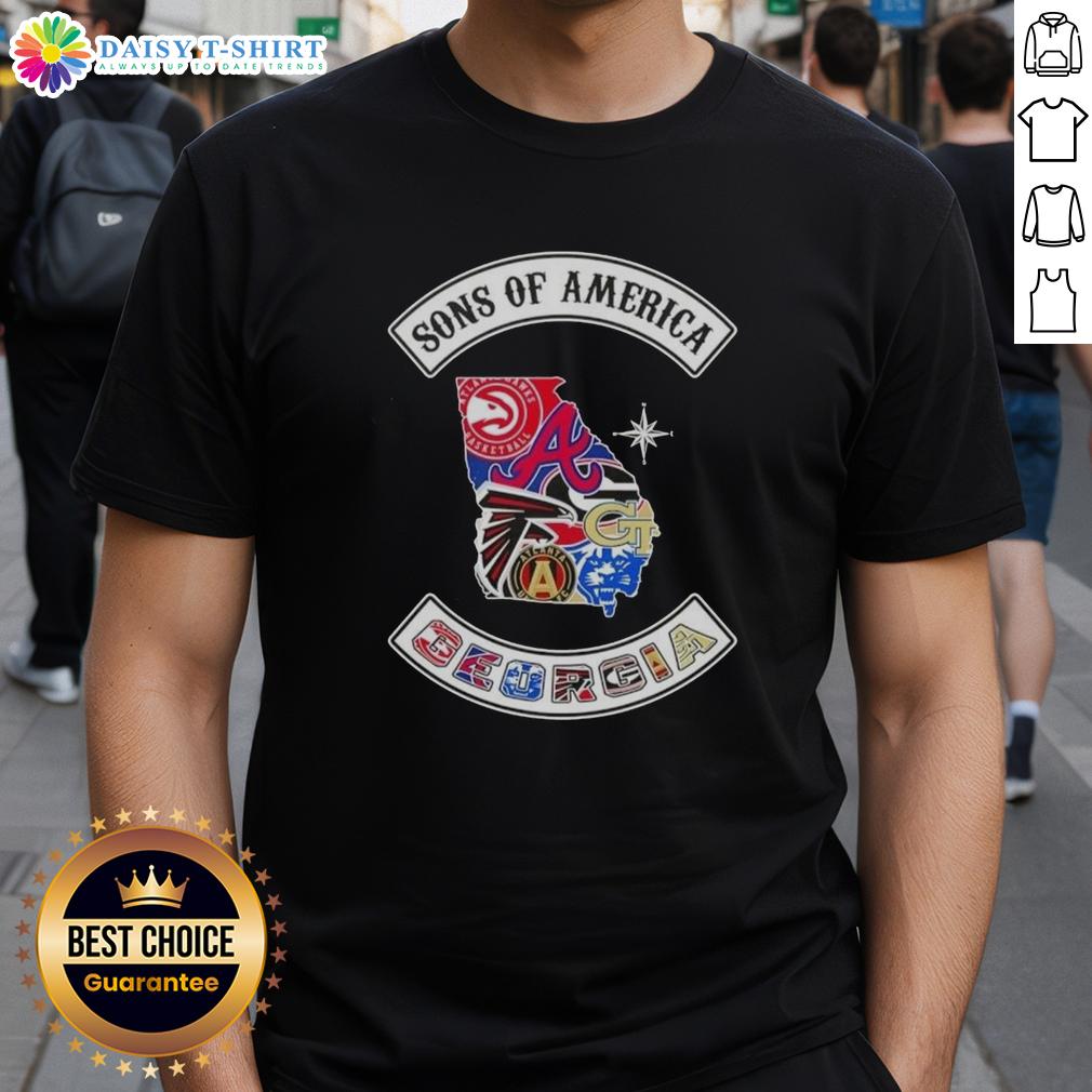 Pretty Son Of America Georgia map t-shirt featuring sports logos, perfect for fans celebrating Georgia pride and style.