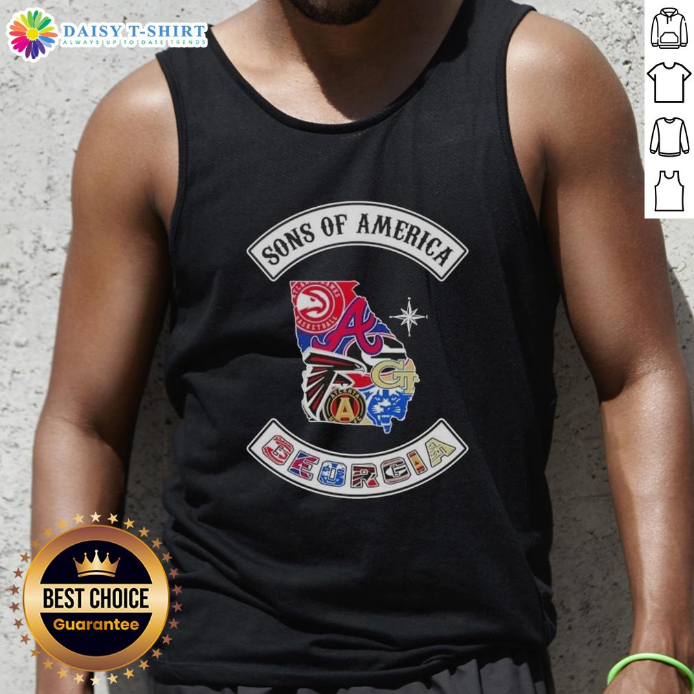 Alt Text: Pretty Son of America Georgia map sports logos combine tank top design featuring vibrant colors and unique graphics.