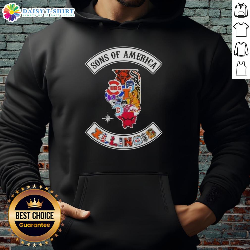 Illinois map sports logos combine hoodie featuring Pretty Son of America design for stylish fans and athletes.