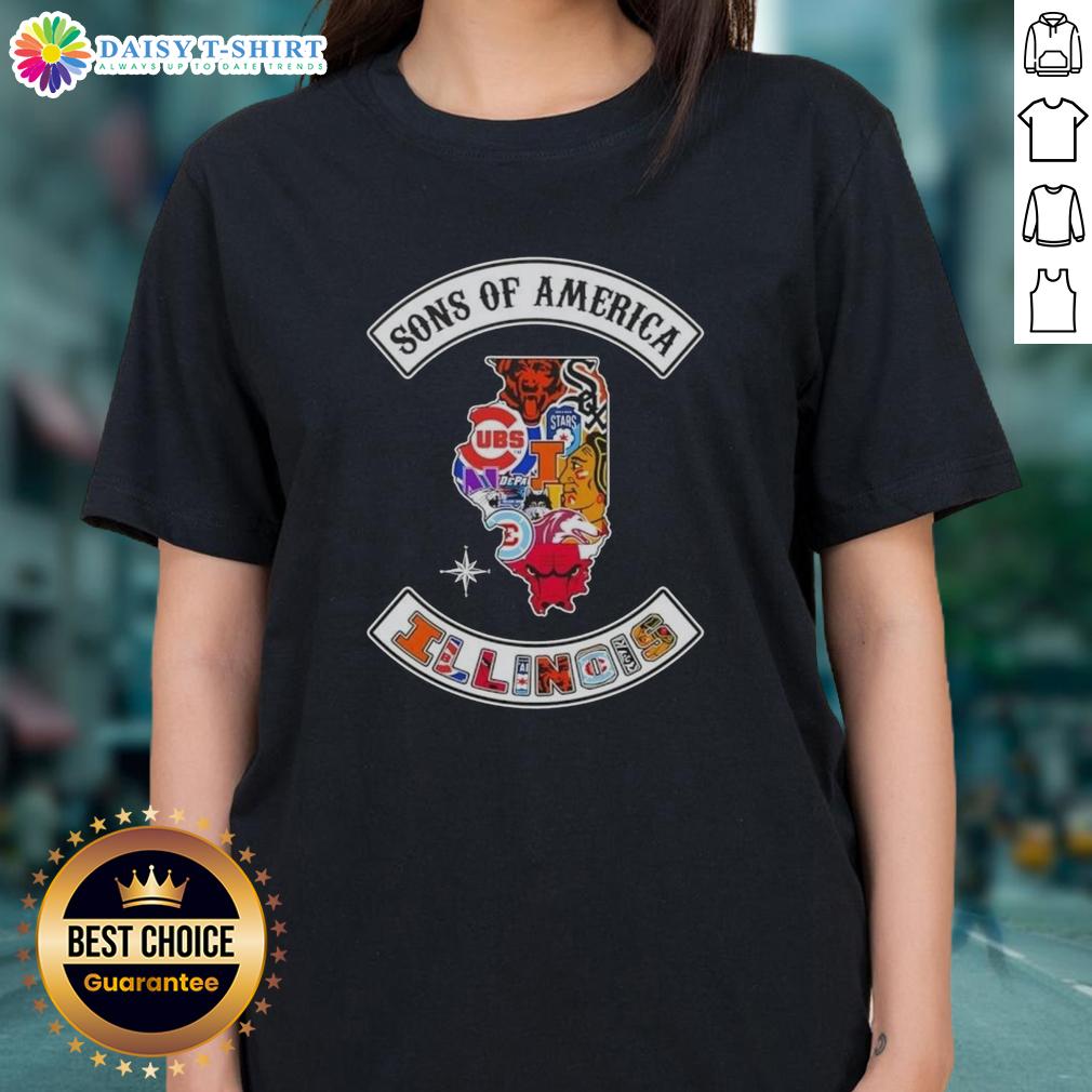 Alt Text: Illinois map with sports logos on a ladies' tee, showcasing team pride and style in the Pretty Son of America collection.