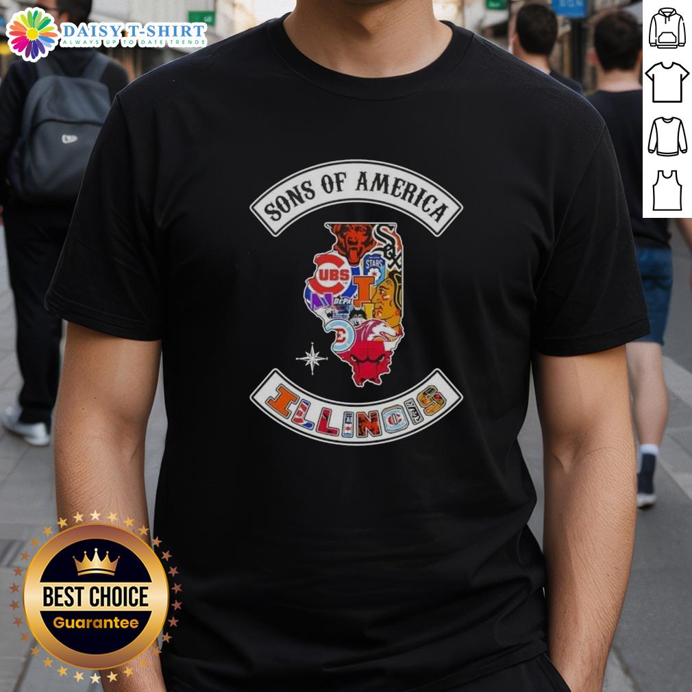 Pretty Son Of America Illinois Map Sports Logos Combine T-Shirt featuring vibrant logos and a stylish design.