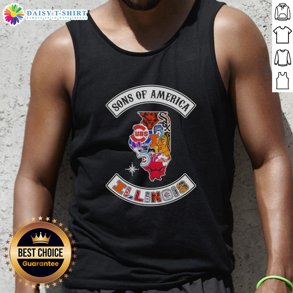 Alt Text: Illinois map tank top featuring sports logos, perfect for fans in the Pretty Son of America collection.