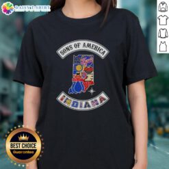 Alt Text: Pretty Son of America Indiana map with sports logos on a ladies tee, perfect for fans and casual wear.