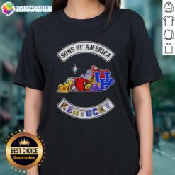 Alt Text: Kentucky map with sports logos on a ladies tee, showcasing the Pretty Son of America design.