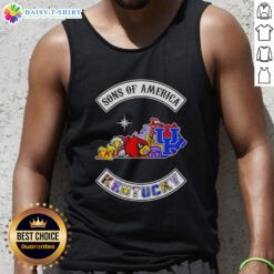 Alt Text: Stylish Pretty Son of America Kentucky map sports logos combine tank top showcasing vibrant designs and state pride.