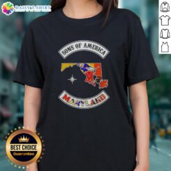 Pretty Son of America Maryland map with sports logos on a ladies tee, perfect for sports fans and Maryland pride.