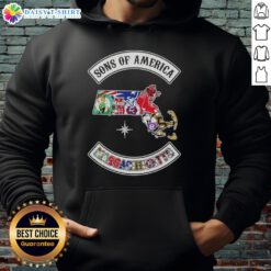 Alt Text: Pretty Son of America Massachusetts map hoodie featuring sports logos, perfect for fans and casual wear.