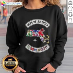 Pretty Son of America Massachusetts map sweatshirt featuring sports logos, perfect for fans of Boston teams.