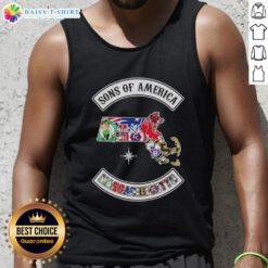 Alt Text: Pretty Son of America Massachusetts map tank top featuring sports logos, perfect for fans and summer wear.