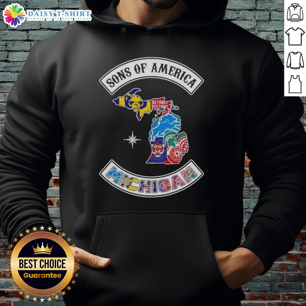 Alt Text: Pretty Son of America Michigan Map Sports Logos Combine Hoodie showcasing iconic Michigan sports team logos.