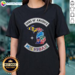 Alt Text: Pretty Son of America Michigan map featuring sports logos on a stylish ladies tee, perfect for sports fans.