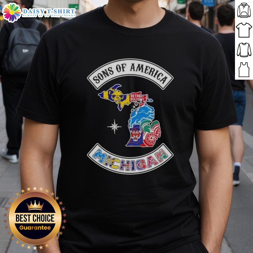 Pretty Son Of America Michigan Map Sports Logos Combine T-Shirt featuring vibrant graphics and state pride design.