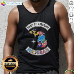 Pretty Son of America Michigan map sports logos combine tank top showcasing vibrant state pride and athletic spirit.