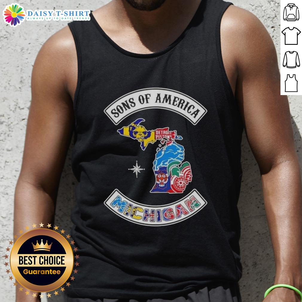 Pretty Son of America Michigan map sports logos combine tank top showcasing vibrant state pride and athletic spirit.