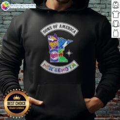 Alt Text: Pretty Son of America Minnesota map sports logos combine hoodie showcasing unique designs and vibrant colors.