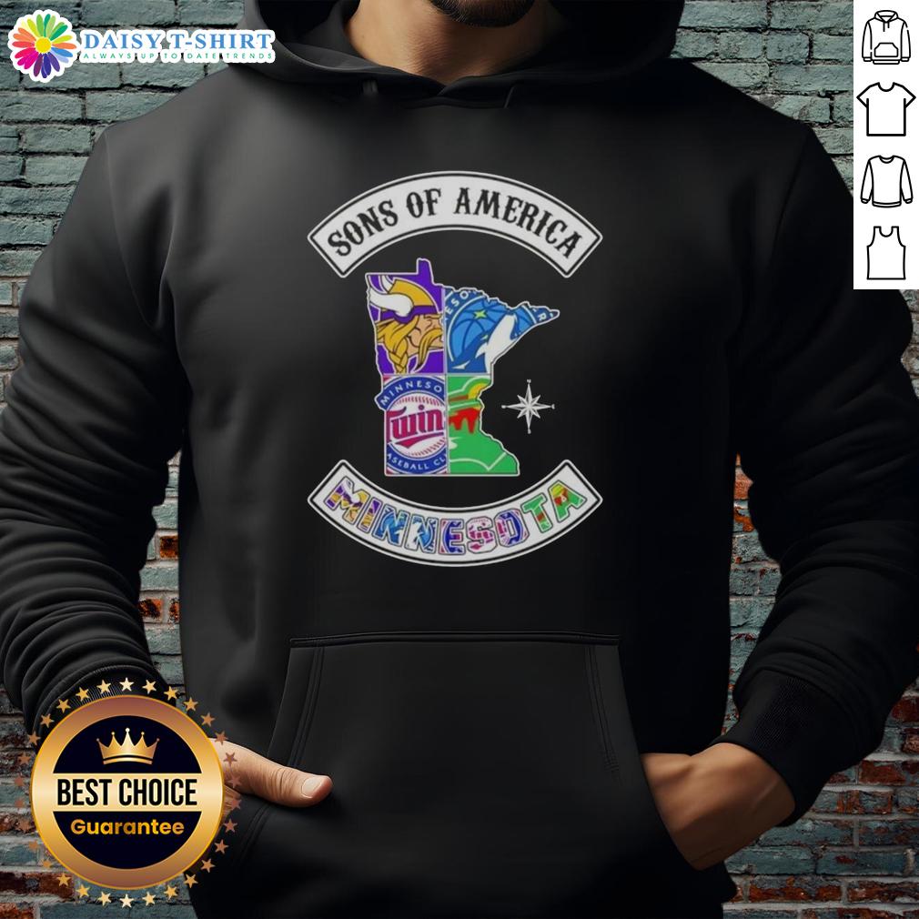 Alt Text: Pretty Son of America Minnesota map sports logos combine hoodie showcasing unique designs and vibrant colors.