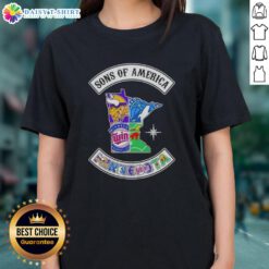 Pretty Son Of America Minnesota Map with Sports Logos on a Ladies Tee - Unique and Stylish Apparel for Sports Fans