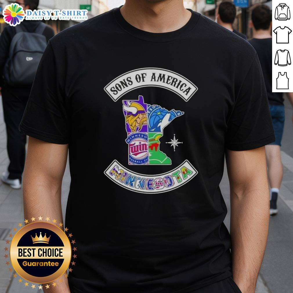 Alt Text: Pretty Son Of America Minnesota Map Sports Logos Combine T-Shirt featuring iconic Minnesota sports team logos and map design.