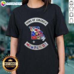 Pretty Son of America Missouri map with sports logos on a ladies tee, showcasing local pride and team spirit.