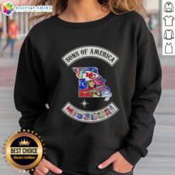 Alt Text: Pretty Son of America Missouri Map Sports Logos Combine Sweatshirt featuring vibrant state-themed designs.
