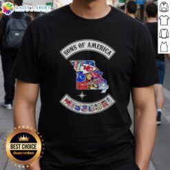 Pretty Son Of America Missouri Map T-Shirt featuring sports logos, perfect for proud Missouri fans and sports enthusiasts.
