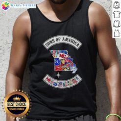 Alt Text: Pretty Son of America Missouri map tank top featuring sports logos for stylish fans of Missouri sports.