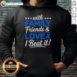 Survivor in a blue ribbon hoodie with family and friends, celebrating life after colon cancer.