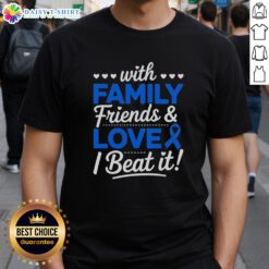 Pretty with family and friends wearing a 'Beat It Survivor Colon Cancer' blue ribbon T-shirt, celebrating hope and strength.