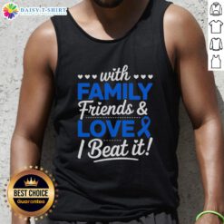 Survivor in blue ribbon tank top celebrating with family and friends after beating colon cancer.