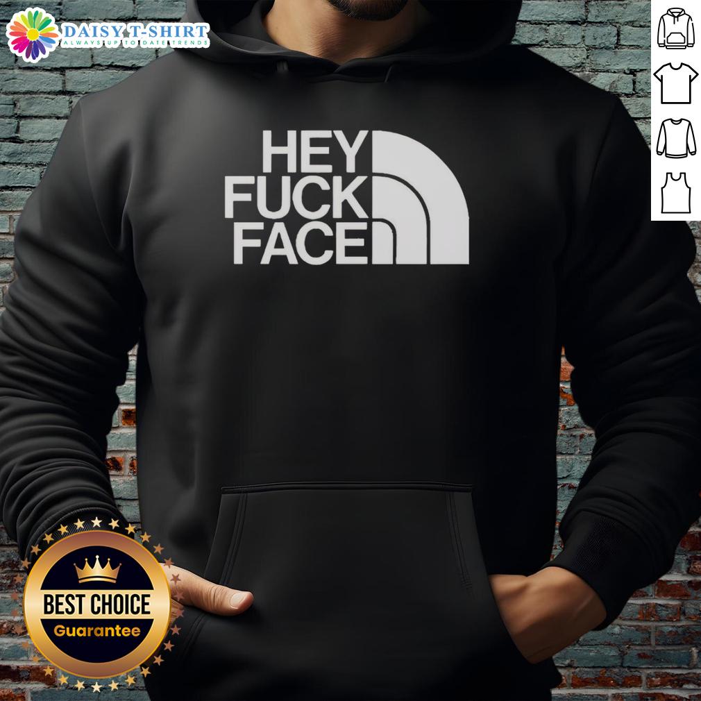 Trendy Top Hey Fuck Face Hoodie in black, showcasing bold graphic design, perfect for casual streetwear style.