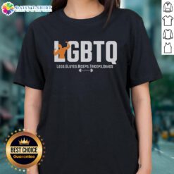 Colorful 'Top LGBTQ Legs Glutes Biceps Triceps Quads Ladies Tee' displayed on a mannequin, showcasing stylish fitness apparel.